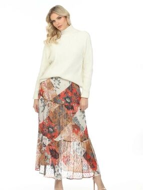 Johnny Was Jade Floral Chiffon Maxi Skirt Gold Accents XL NWOT
